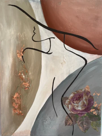 Dreiteiliges Werk mit stilisierten Figuren, einem Paar und floralen Elementen.