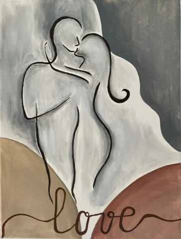 Dreiteiliges Werk mit stilisierten Figuren, einem Paar und floralen Elementen.