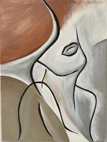 Dreiteiliges Werk mit stilisierten Figuren, einem Paar und floralen Elementen.