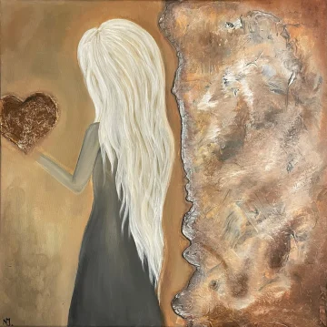 Stilisierte Figur mit langem hellem Haar neben einem Herz und kupferfarbenen Strukturen.