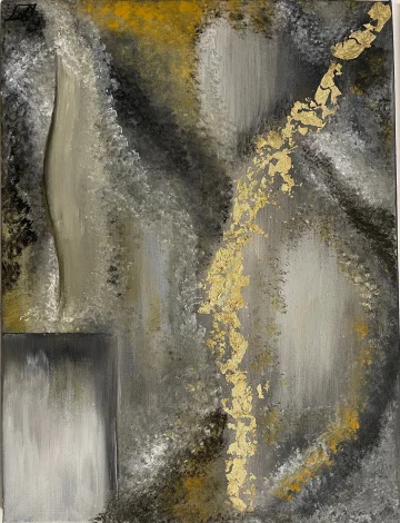 Vierteiliges abstraktes Werk in Grau, Schwarz und Gold mit geschwungenen Linien.
