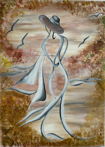 Stilisierte gehende Figur mit Hut in einer warmen Landschaft mit Vögeln.