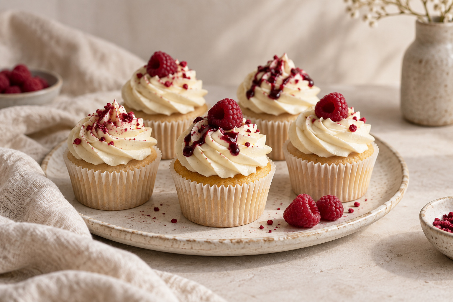 KI-generiertes Beispiel: fünf Cupcakes mit heller Creme und Himbeeren.