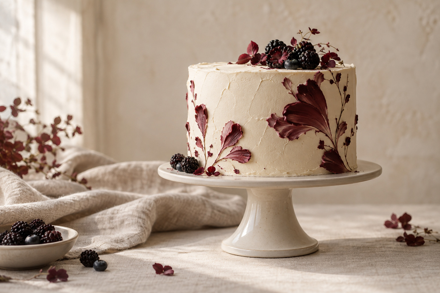 KI-generiertes Beispiel: elfenbeinfarbene Torte mit burgunderfarbenem Dekor und dunklen Beeren.